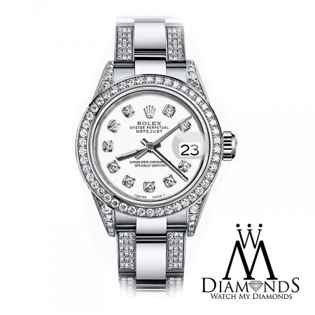 Ladies 26mm Rolex SS Oyster Perpetual Datejust Custom White Color Diamond  Dial | eBay