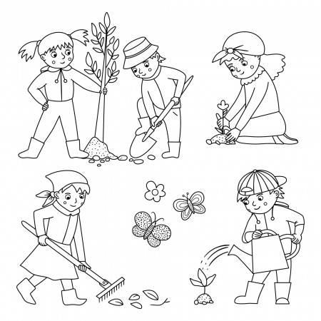 Vector black and white children doing garden work set. Spring outline  collection of kids with gardening tools. Young gardeners planting tree and  plants, watering plants, raking. 3757809 Vector Art at Vecteezy