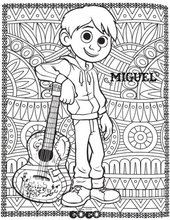 Miguel Coco Coloring Disney Page with zen mandala style background ...
