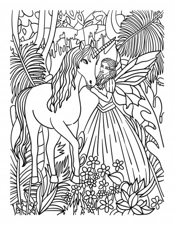Premium Vector | Fairy petting unicorn coloring page for adults