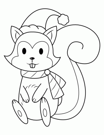 Printable Squirrel Wearing Santa Hat Coloring Page