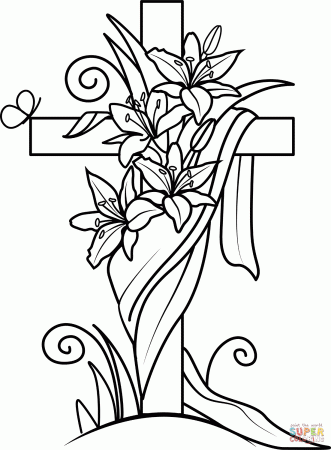 Easter Cross and Lilies coloring page | Free Printable Coloring Pages