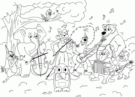 Coloring Book Orchestra - animals play instruments to print and online