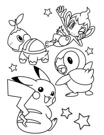 Print Kleurplaat Chimchar Turtwig Piplup Pikachu Pokemon Coloring 