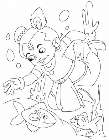 Krishna Playing with fishes in the sea coloring pages | Download 