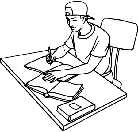 printable outline of a student studying with books - Coloring Point