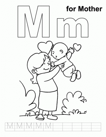 M for mother coloring page with handwriting practice | Download 