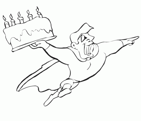 Birthday Coloring Page | A Superhero Flying With a Cake