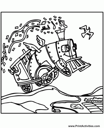 Train Engine Coloring Page | Cartoon Flying Engine
