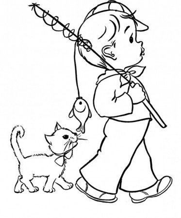 Cats Are Following The Little Boy Coloring Page - Kids Colouring Pages