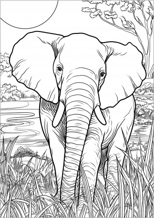 Adult elephant in the Savanna - Elephants Adult Coloring Pages