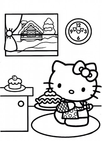 Hello Kitty and Cake Coloring Page - Free Printable Coloring Pages for Kids
