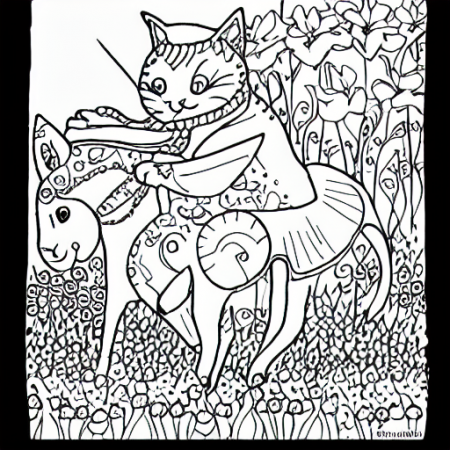 prompthunt: coloring page of cat riding a horse in flowers field