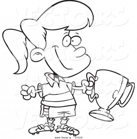 Vector of a Cartoon Soccer Girl Holding a Trophy - Outlined ...