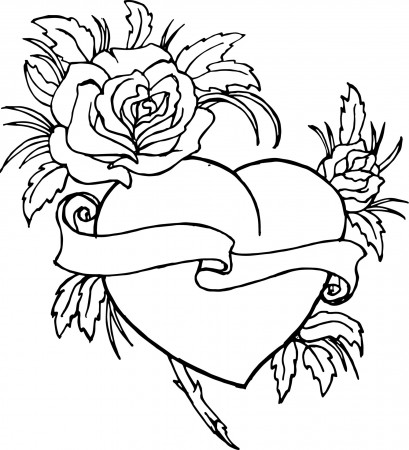 Black and white illustration, hand drawn heart in roses with ribbon.  Illustration for Valentine's Day. For anti stress coloring pages for adults  and children. 5118491 Vector Art at Vecteezy