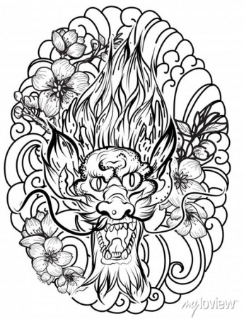 Hand drawn dragon tattoo ,coloring book japanese style.japanese wall mural  • murals japanese, japan, isolated | myloview.com