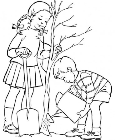 Kids Planting a Tree Coloring Page - Free Printable Coloring Pages for Kids