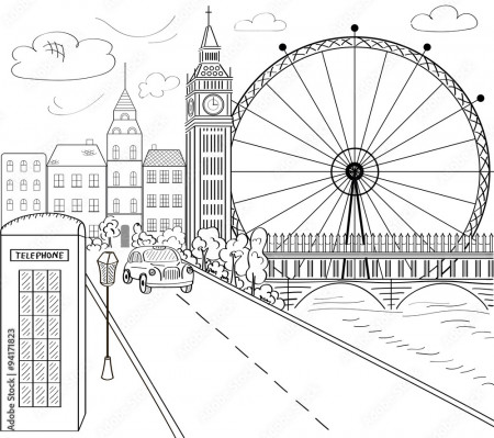 Big Ben tower in London. Vector illustration of popular attraction. The London  Eye. Sketch illustration on the white background. Beautiful landscape of  sightseeing. Clock tower with bridge. Stock Vector | Adobe Stock