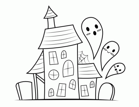 Printable Cute Ghosts and Haunted House Coloring Page