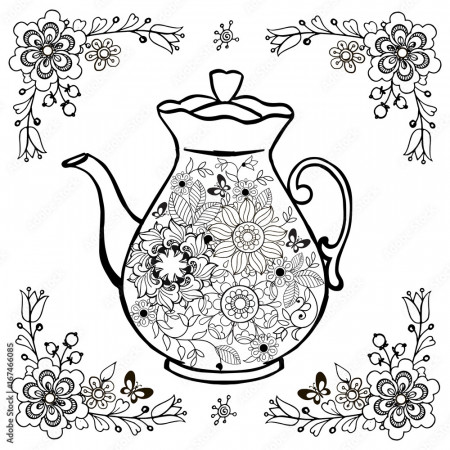 Flower tea in the teapot coloring pages. Flowers and butterflies anti  stress coloring pages Stock Vector | Adobe Stock
