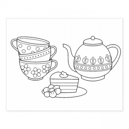 Teapot, Teacups, and Cake Coloring Page Rubber Stamp | Zazzle | Tea pots, Coloring  pages, Tea cup drawing