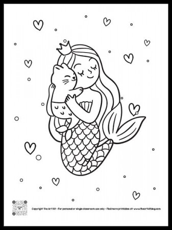 CUTE Mermaid Girl with Mermaid Cat Coloring Page {FREE Printable!} - The  Art Kit