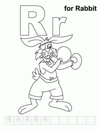 R for rabbit coloring page with handwriting practice | Download 