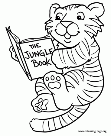 Tigers - A cute baby tiger reading a book coloring page