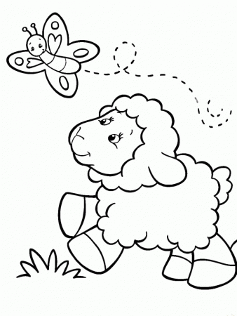 Baby Sheep Chasing Butterfly Coloring Pages - Sheep Coloring Pages 