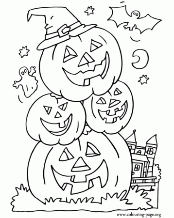 halloween bat ghost and pumpkins coloring page