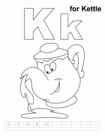 K for kettle coloring page with handwriting practice | Download 