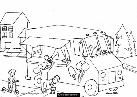 Kids at an Ice Cream Truck Printable Coloring Page | eColoringPage 
