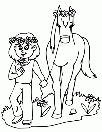 Horse Coloring Page | Girl & Horse With Flower Tiaras