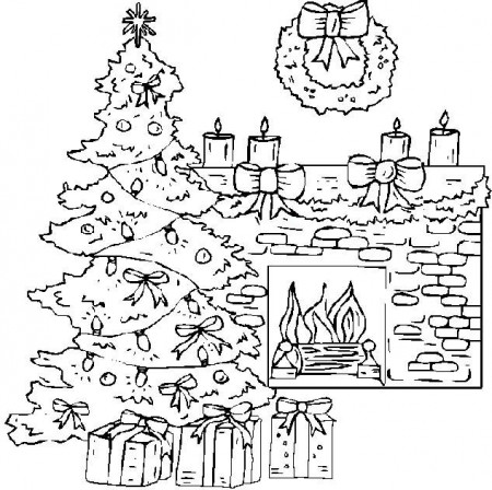 Fireplace With Christmas Tree Coloring Pages | Christmas tree ...