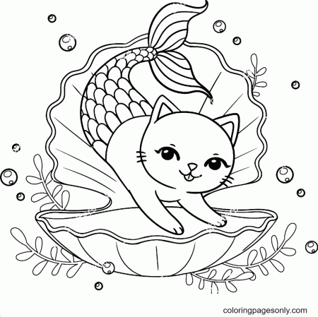 Cute Mermaid Kitten in Seashell Coloring Pages - Kitten Coloring Pages - Coloring  Pages For Kids And Adults