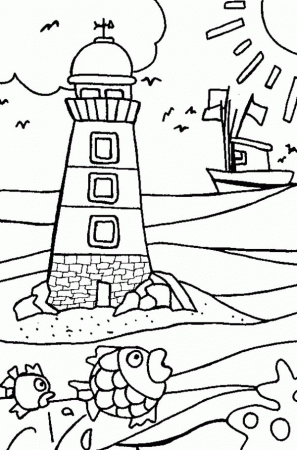 A Huge Lighthouse Near the Beach Shore Coloring Page