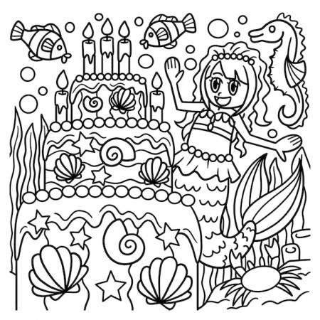 Premium Vector | Mermaid with a birthday cake coloring page