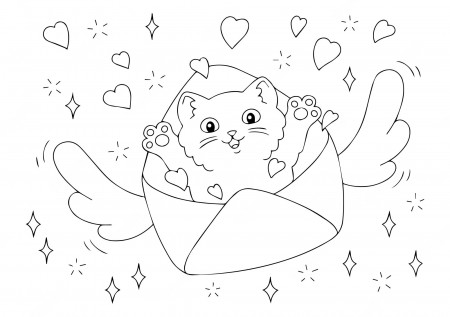 Premium Vector | A cute kitten flies in an envelope with hearts. coloring  book page for kids. valentine's day.