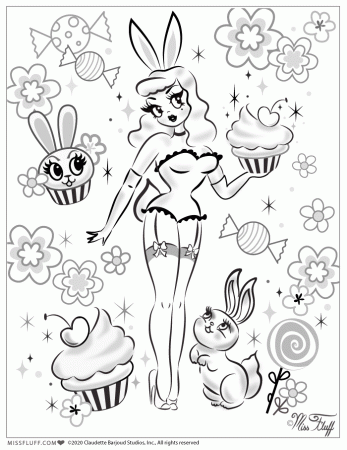 Free Coloring Page Downloads -Retro Pinup Bunny Girls by Miss Fluff - The  Art of Claudette Barjoud, a.k.a Miss Fluff