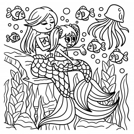 Premium Vector | Mother and daughter mermaid coloring page