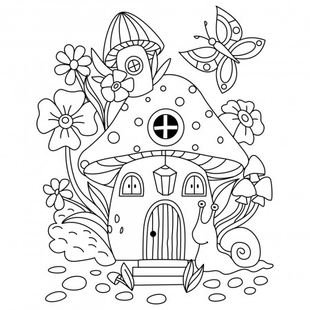 Cute mushroom house with flowers decoration snell and butterfly outline  artwork coloring pages 13267047 Vector Art at Vecteezy