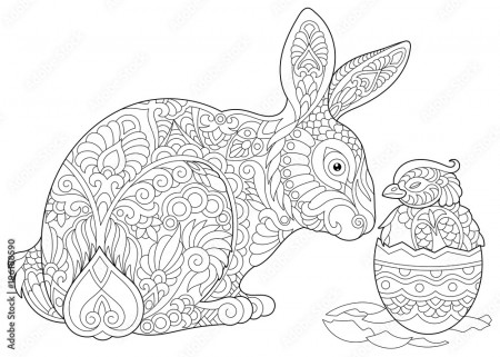 Easter Bunny and newborn Baby Chicken in Easter egg. Coloring Page for adult  colouring book. Antistress freehand sketch drawing with doodle and  zentangle elements. Stock Vector | Adobe Stock