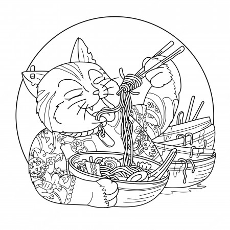 Premium Vector | Cartoon ramen noodles cat illustration for coloring page