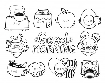 Premium Vector | Cute happy breakfast food,good morning coloring page set  collection.vector cartoon kawaii clock character stickers doodle  illustration.good morning,alarm clock,coffee,egg,toast, page for coloring  book