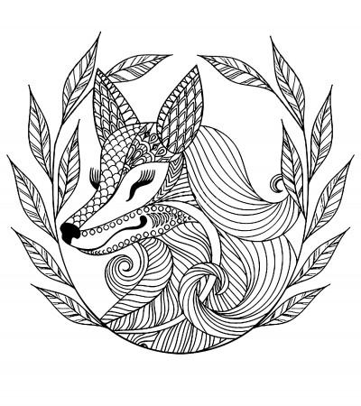 Fox and leaves - Foxes Adult Coloring Pages