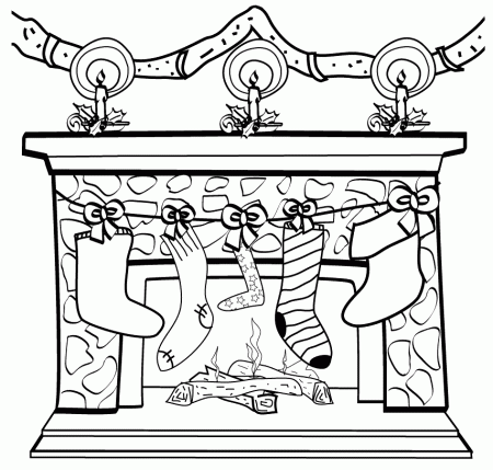 Coloring page - Christmas stockings on the fireplace