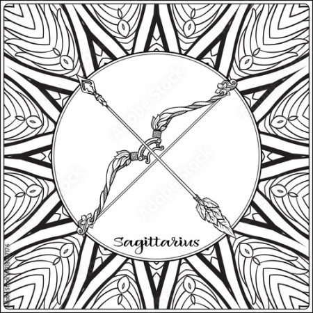 Sagittarius, bow, arrows. Decorative zodiac sign on pattern background.  Outline hand drawing. Good for coloring page for the adult coloring book  Stock vector illustration. Stock Vector | Adobe Stock