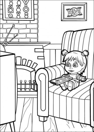 Masha Watching tv Coloring Page - Free Printable Coloring Pages for Kids