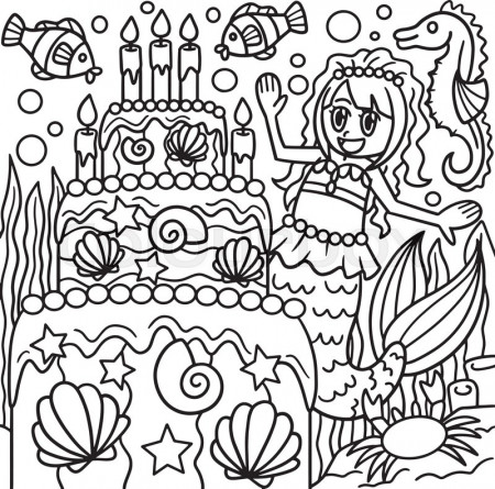 Mermaid With A Birthday Cake Coloring Page | Stock vector | Colourbox