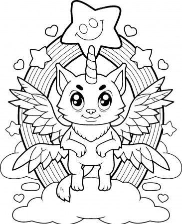 Coloring Pages Unicorn Cat with wings Print Free